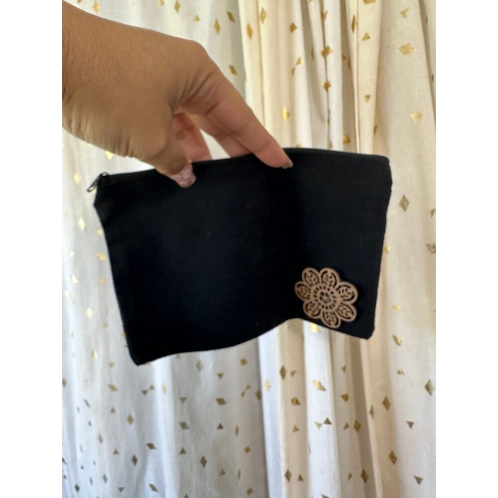 Unbranded Black Canvas Wooden Floral Cutout Embellishment Zipper Cosmetic Pouch